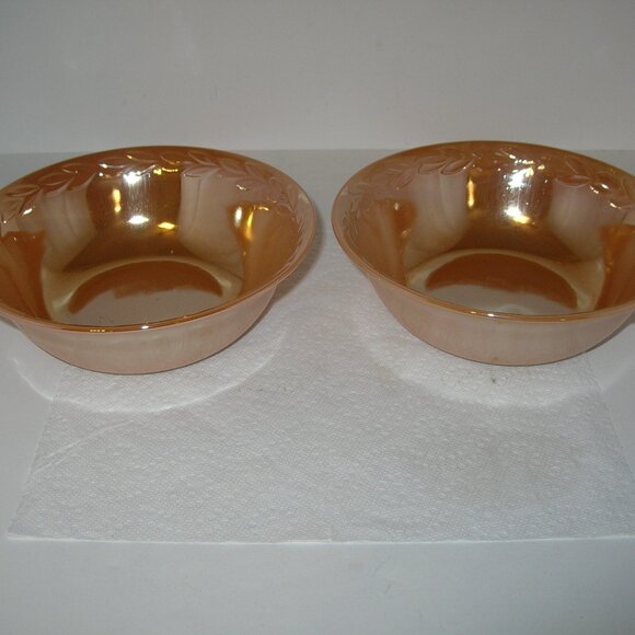 2 Vintage Fire King Peach Luster LAUREL LEAF BOWLS Oven Ware 8.25"x2.75" H USA A - Picture 1 of 7